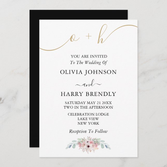 Black White Gold Rustic Eucalyptus Wedding Invite (Front/Back)