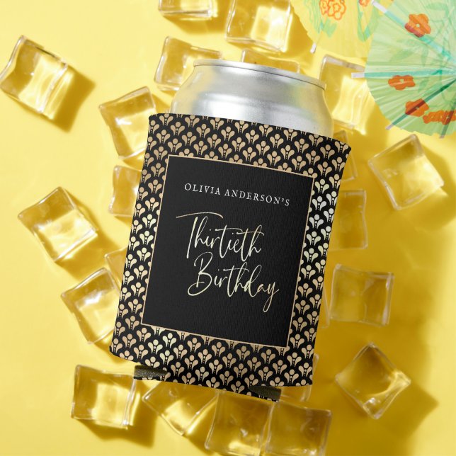 Black White & Gold Script 30th Birthday Party Can Cooler (In Situ Summer)
