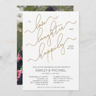 Black White Gold Script Photo Rehearsal Dinner Invitation