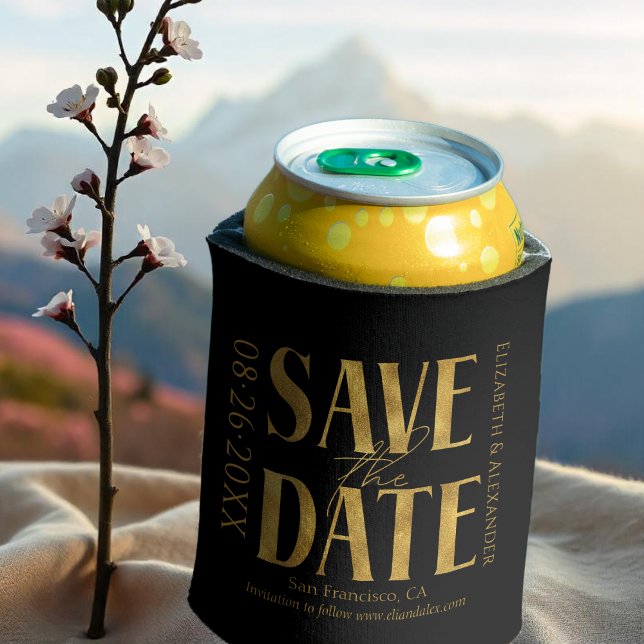 Black & White Gold Script Wedding Save The Date Can Cooler (Creator Uploaded)