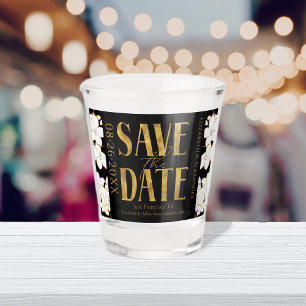 Black & White Gold Script Wedding Save the Date Shot Glass