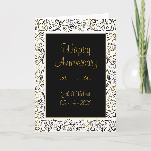 Black White Gold Scrollwork Happy Anniversary Card (Front)