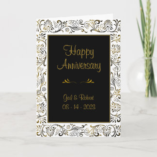 Black White Gold Scrollwork Happy Anniversary Card