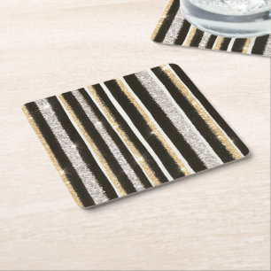 Black White Gold Silver Glitter Stripes New Year's Square Paper Coaster