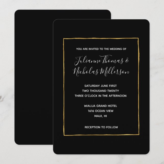 Black White Gold Simple Chic Wedding Invites (Front/Back)