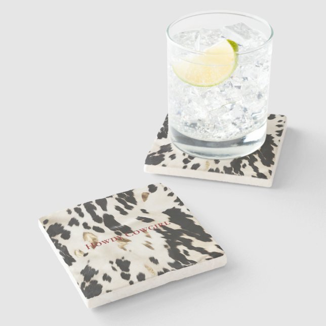 Black White Gold Southwest Cowgirl Cowhide Stone Coaster (Side)