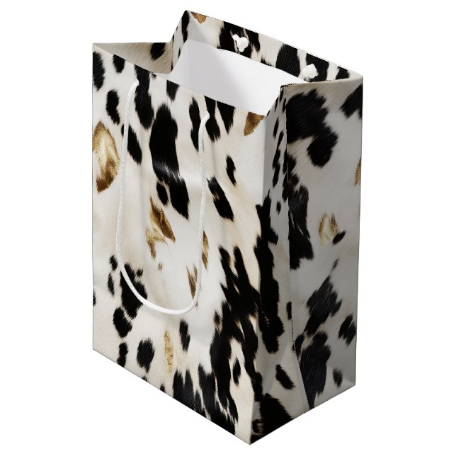 Black White Gold Southwest Cowhide Birthday Medium Gift Bag (Front Angled)