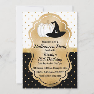 Black & White Gold Spots Halloween Birthday Invitation