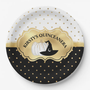 Black & White Gold Spots Halloween Quinceanera Paper Plate