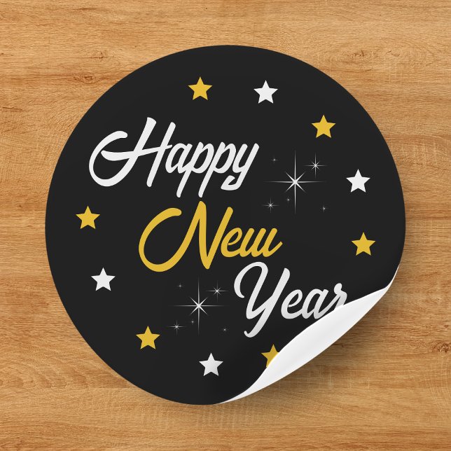 Black White & Gold Star Happy New Year 2024 Classic Round Sticker (Black White & Gold Star Happy New Year 2024 Classic Round Sticker
)