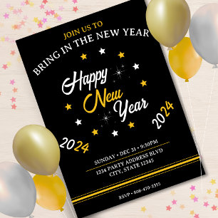 Black White & Gold Star Happy New Year 2024 Invitation