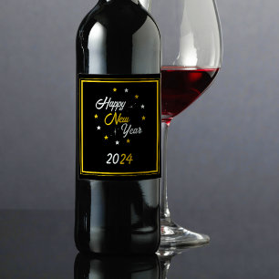 Black White & Gold Star Happy New Year 2024 Wine Label