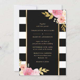 Black White Gold Striped Blush Pink Floral Wedding Invitation