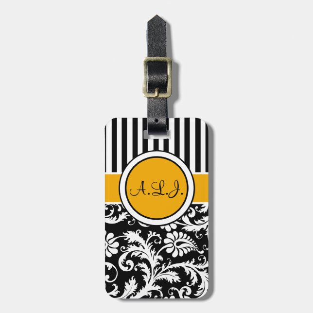 Black, White, Gold Striped Damask Luggage Tag (Front Vertical)