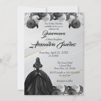 Black & White Gold Striped Floral Quinceanera Invitation