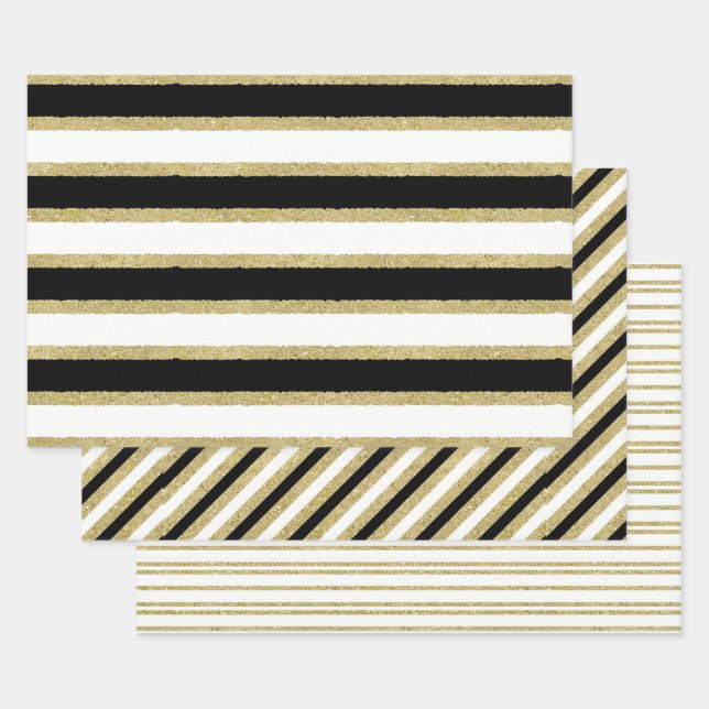 Black White Gold Stripes Assortment Wrapping Paper Sheet (Set)