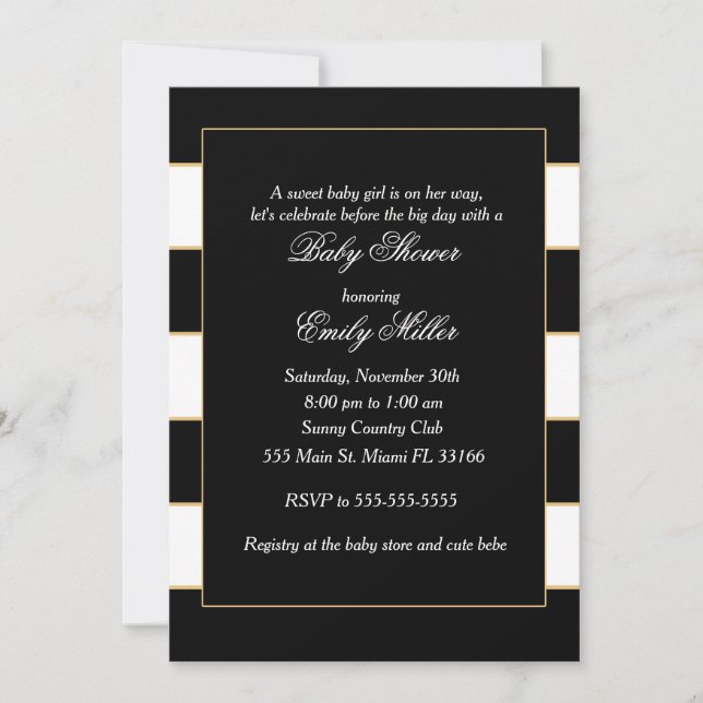 Black White Gold Stripes Baby Shower Invitation (Front)