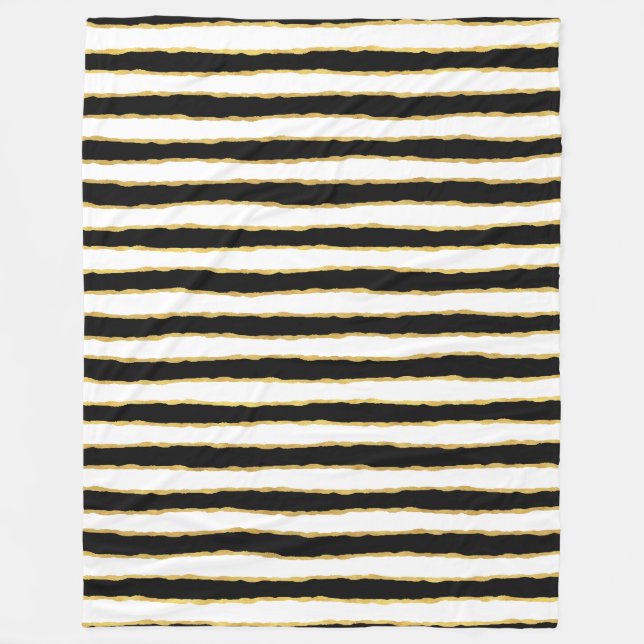 Black White Gold Stripes Fleece Blanket (Front)