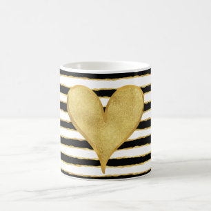 Black White Gold Stripes Heart Coffee Mug