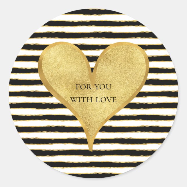Black White Gold Stripes Heart Quote Classic Round Sticker (Front)