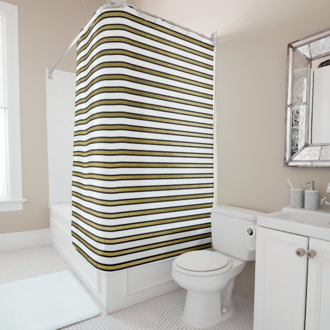 Black White Gold Stripes Lines Minimal Chic Glam Shower Curtain (In Situ)