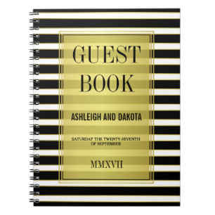 Black White & Gold Stripes Wedding Guestbook Notebook