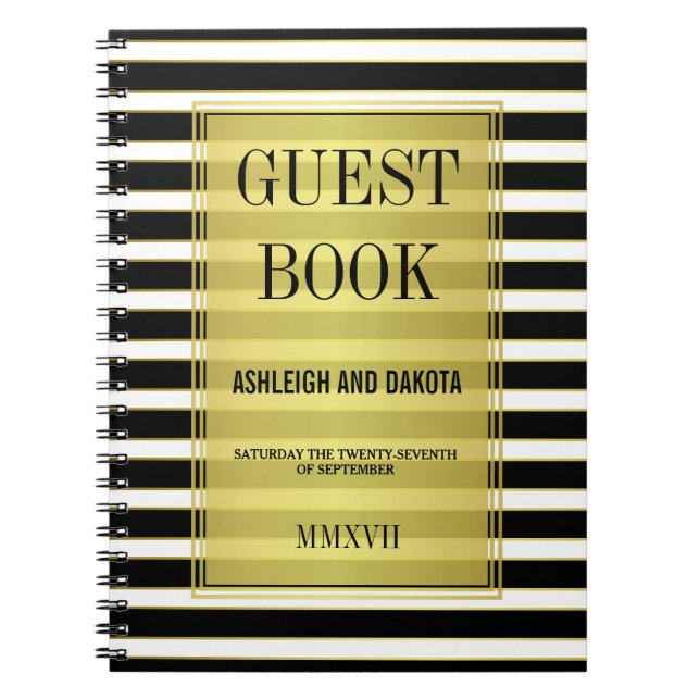 Black White & Gold Stripes Wedding Guestbook Notebook (Front)