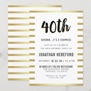Black, White & Gold Surprise 40th Birthday Party Invitation