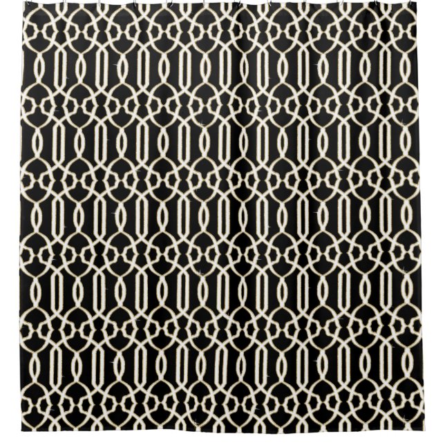 Black White Gold Trellis Lattice Pattern Glam Bath Shower Curtain (Front)