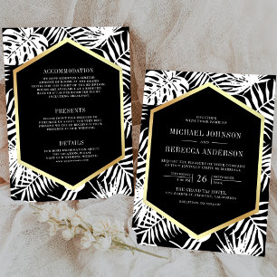 Black White Gold Tropical Palm All in One Wedding Invitation