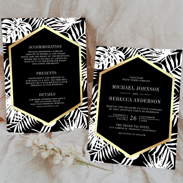 Black White Gold Tropical Palm All in One Wedding Invitation (Creator Uploaded)