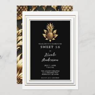 Black White & Gold Tropical Pineapple Sweet 16 Invitation