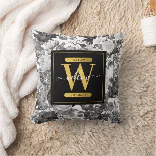 Black, White & Gold Vintage Floral Monogram  Cushion