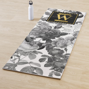 Black, White & Gold Vintage Floral Monogram  Yoga Mat