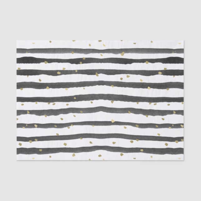 Black White Gold Watercolor Stripes and Dots Tissue Paper (Front)