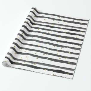 Black White Gold Watercolor Stripes and Dots Wrapping Paper