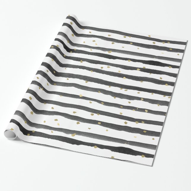 Black White Gold Watercolor Stripes and Dots Wrapping Paper (Unrolled)