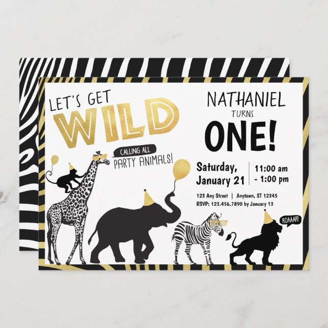 Black White Gold Wild One Party Animal Birthday Invitation (Front/Back)