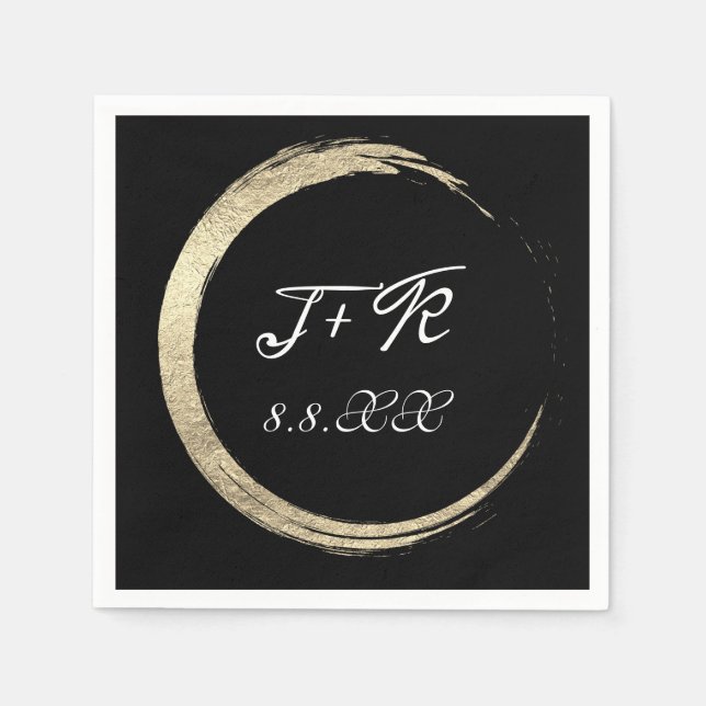Black White Gold Wreath Monogram Initials Date Napkin (Front)