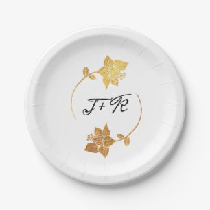 Black White Gold Wreath Monogram Initials Floral Paper Plate