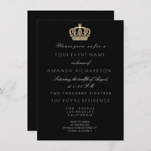 Black White Golden Crown Royal Glitter 16th Bridal Invitation (Front/Back)