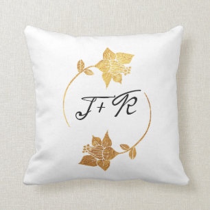 Black White Golden Flower Monogram Initial Wreath Cushion