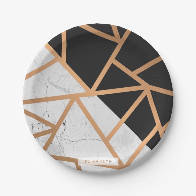 Black & White Golden Marble Mosaic Paper Plate (Front)