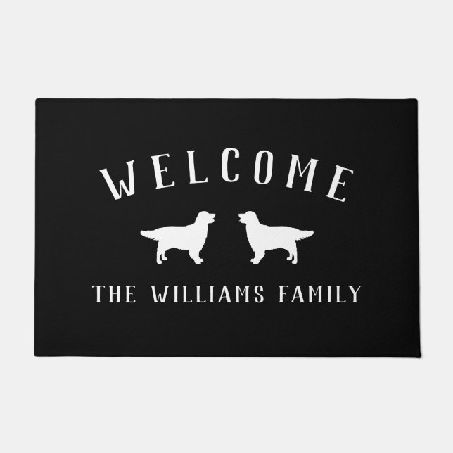 Black White Golden Retrievers Welcome Family Name Doormat (Front)