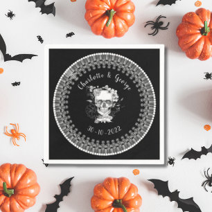 Black White Gothic Floral Skull Halloween Wedding Napkin
