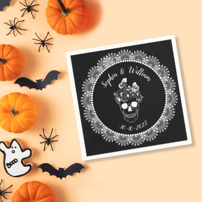 Black White Gothic Floral Skull Halloween Wedding Napkin (Creator Uploaded)