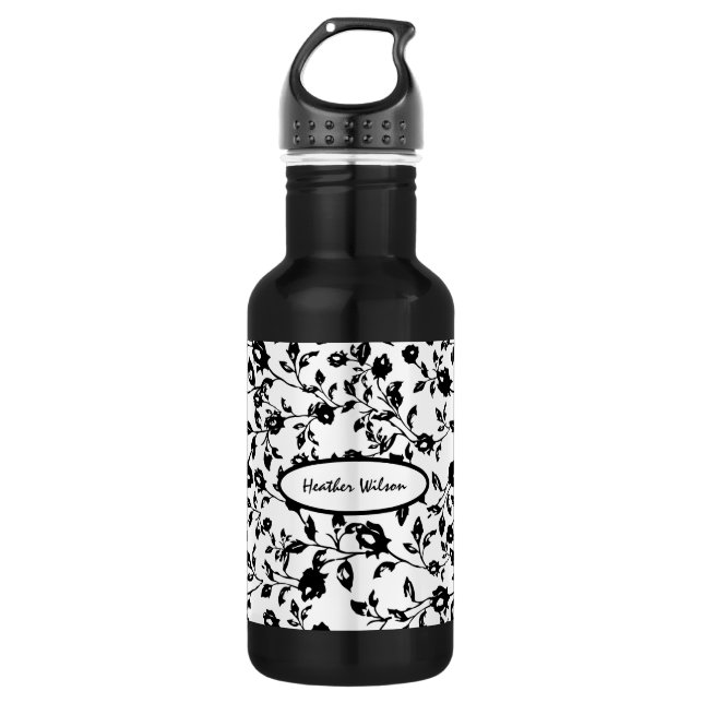 Black & White Gothic Floral Water Bottle with Name (Front)