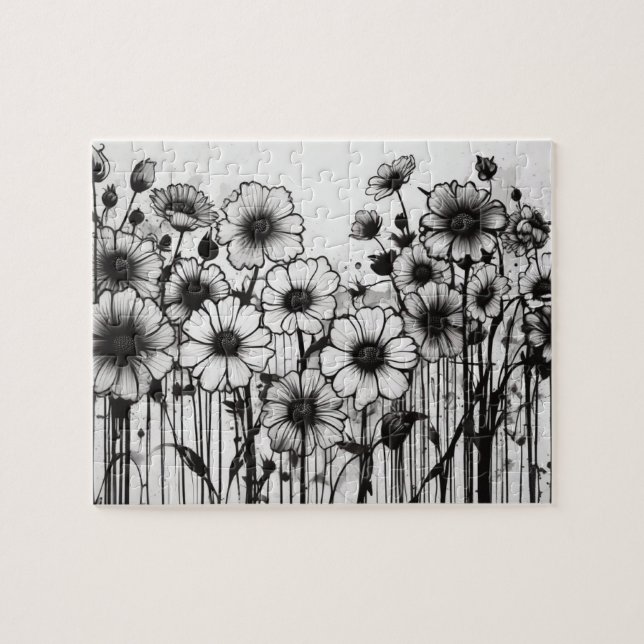 Black & White Gothic Pretty Daisy Patch Jigsaw Puzzle (Horizontal)