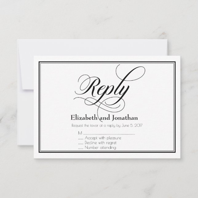 Black & White Graceful Script Wedding Reply Card (Front)