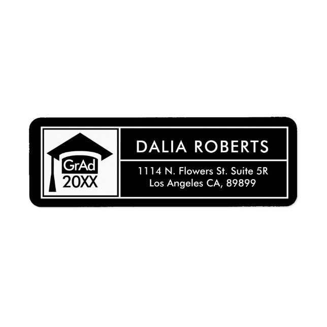 Black & White Grad Hat & Modern Frame Return Address Label (Front)